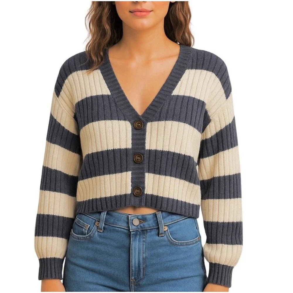Blue Rain Striped Cropped Cardigan Sz Small Blue and Cream Stripes Button Front